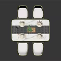 Modern Dining Table Set with Four White Chairs Black Legs Marble Top and Green Plant