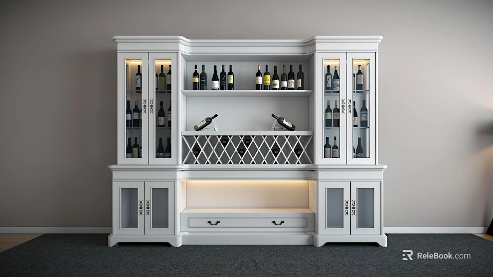 White Wine Cabinet Featuring Glass Doors Diamond Pattern and Wine Bottles Storage 3d model 