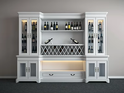 White Wine Cabinet Featuring Glass Doors Diamond Pattern and Wine Bottles Storage 3d model
