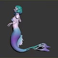 Mermaid Character With Green Hair Shell Bra And Gradient Purple Blue Tail Posing