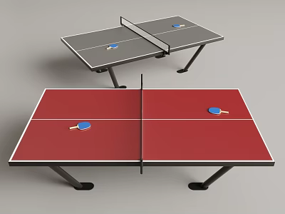 Red And Gray Ping Pong Tables For Sports Fitness With Paddles And Balls 3d model