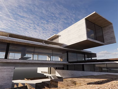 Modern Concrete Detached Villa With Large Glass Windows Cantilevered Design And Outdoor Sky View 3d model