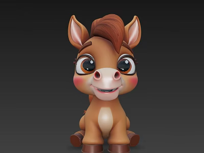 Cute Cartoon Style Brown Pony Sculpture Carving With Big Eyes And Sitting Pose 3d model