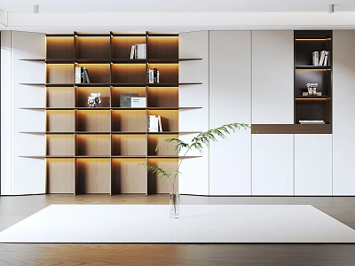 Modern Layered Bookshelf With Built-in Lighting And White Storage Cabinets In Minimalist Living Room 3d model