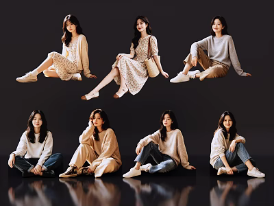 Group of Women in Casual Outfits With Different Sitting Poses on Dark Background 3d model