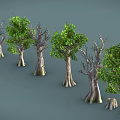Cartoon Scene With Various Trees Having Green Leaves And Bare Branches