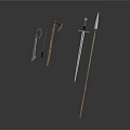 Ancient Weapons Collection Featuring Swords Axes and Spears with Wooden Handles