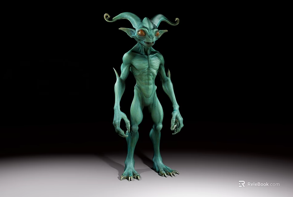 Game Movie Mythical Character With Green Skin Horned Head Slender Body And Sharp Claws 3d model 