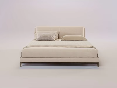 Modern Beige Double Bed With Upholstered Headboard Pillows And Simple Frame 3d model