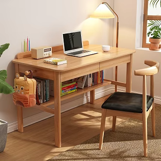 Desk Laptop Schoolbag Book Floor Lamp Carpet Potted Plant 3d model