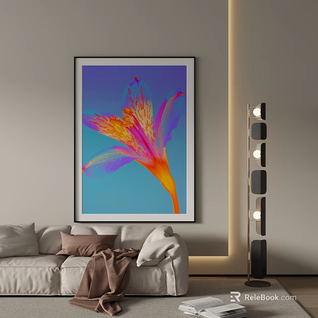 Vibrant Flower Painting Hanging on Living Room Wall With Black Frame Sofa and Floor Lamp 3d model 