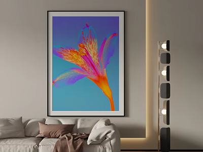 Vibrant Flower Painting Hanging on Living Room Wall With Black Frame Sofa and Floor Lamp 3d model