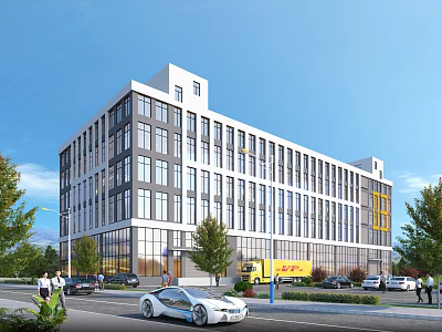 Modern Multi Storey Industrial Factory Building With Glass Windows Surrounding Roads Vehicles Pedestrians And Trees 3d model
