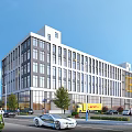 Modern Multi Storey Industrial Factory Building With Glass Windows Surrounding Roads Vehicles Pedestrians And Trees