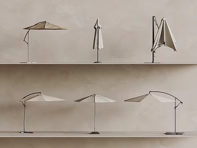 Different Styles of Sunshades Open and Folded Displayed on Shelves in Beige Light Brown 3d model