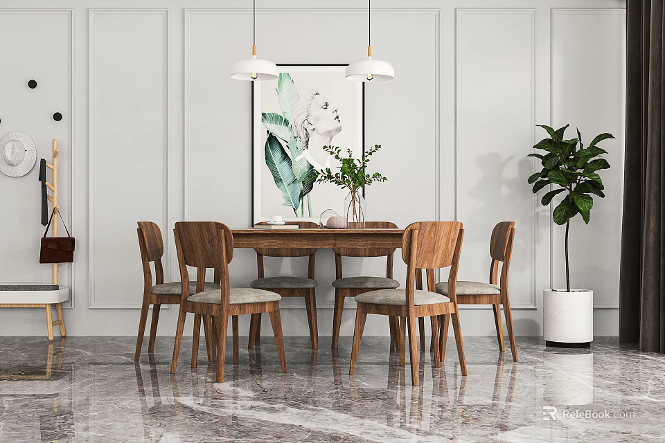 Modern Wooden Dining Table Set With Chairs Pendant Lights And Wall Artwork 3d model 