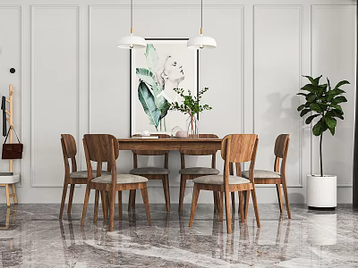 Modern Wooden Dining Table Set With Chairs Pendant Lights And Wall Artwork 3d model