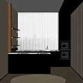 Modern Kitchen With White Vertical Blinds Black Cabinets Countertop And Built In Ovens