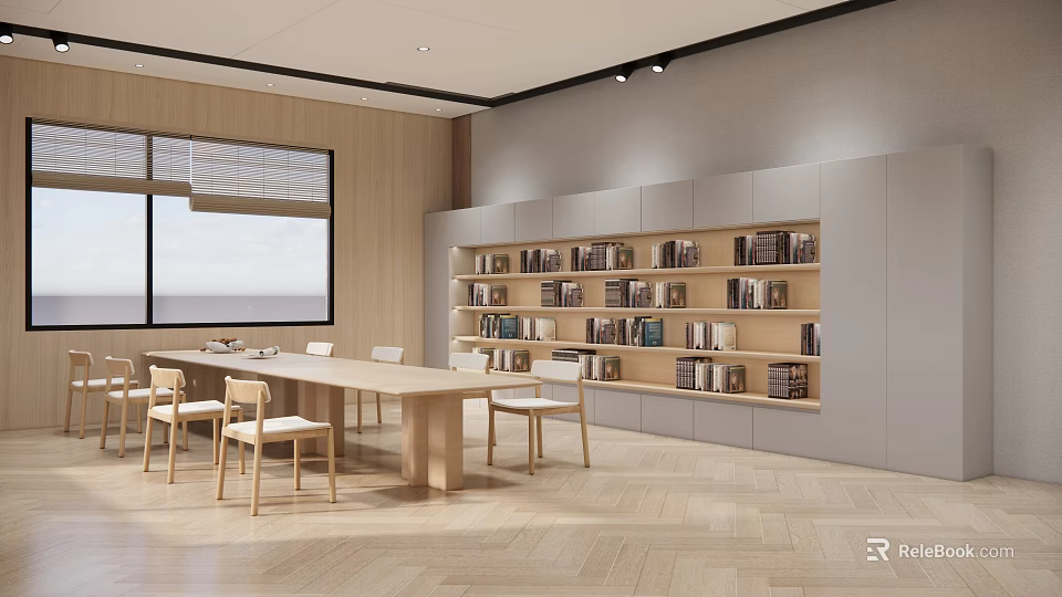 Modern Book Art Reading Space With Wooden Bookshelves Long Table Chairs And Large Window 3d model 