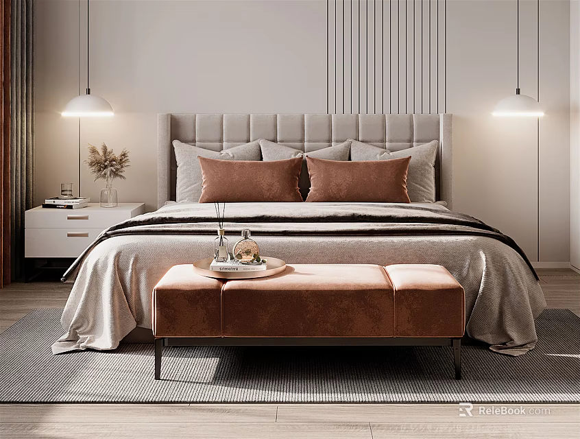 Double Bed Featuring Gray Upholstered Headboard Brown Pillows Beige Bedspread And Brown Bench 3d model 