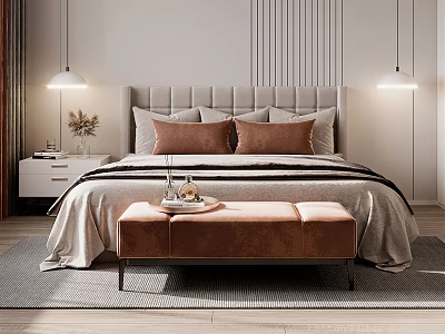 Double Bed Featuring Gray Upholstered Headboard Brown Pillows Beige Bedspread And Brown Bench 3d model