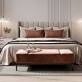 Double Bed Featuring Gray Upholstered Headboard Brown Pillows Beige Bedspread And Brown Bench