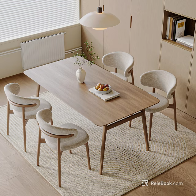 Modern Wooden Dining Table with Four Light Gray Chairs and Vase Fruit Plate on Rug 3d model 