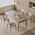 Modern Wooden Dining Table with Four Light Gray Chairs and Vase Fruit Plate on Rug