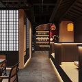 Japanese Style Restaurant Interior With Bar Counter Staff Preparing Food Wine Bottles And Lattice Windows