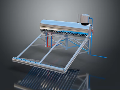 Solar Water Heating System With Metal Frame Transparent Collector Panels Storage Tank And Pipes 3d model