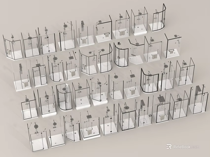 Shower Heads Various Styles Neatly Arranged on Display Racks in Showroom 3d model 