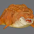 Large Orange Scaly Fantasy Game Movie Character With Angry Expression And Sharp Teeth