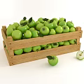 Fresh Green Apples in Wooden Crate with Leaves and Halved Ones Beside