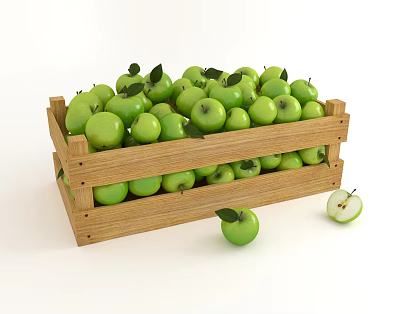 Fresh Green Apples in Wooden Crate with Leaves and Halved Ones Beside 3d model