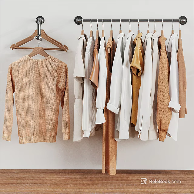 Stylish Wooden Clothes Hangers Holding Various Neutral Toned Sweaters And Shirts 3d model 