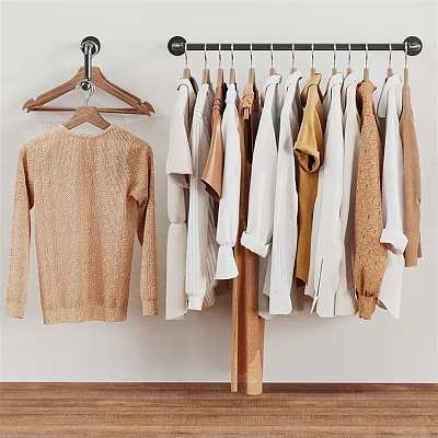 Stylish Wooden Clothes Hangers Holding Various Neutral Toned Sweaters And Shirts 3d model