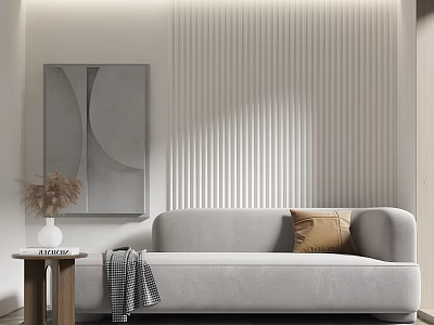 Modern Living Room with Light Gray Sectional Sofa Abstract Painting Side Table and Striped Wall 3d model