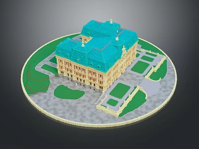 Ancient Architecture Scene Featuring Blue Roof Yellow Walls Symmetrical Design Green Lawns And Pathways 3d model