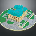 Ancient Architecture Scene Featuring Blue Roof Yellow Walls Symmetrical Design Green Lawns And Pathways