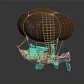 3D Model Airship Featuring Brown Balloon White Patterns Boat Structure Ladder And Colorful Decorations