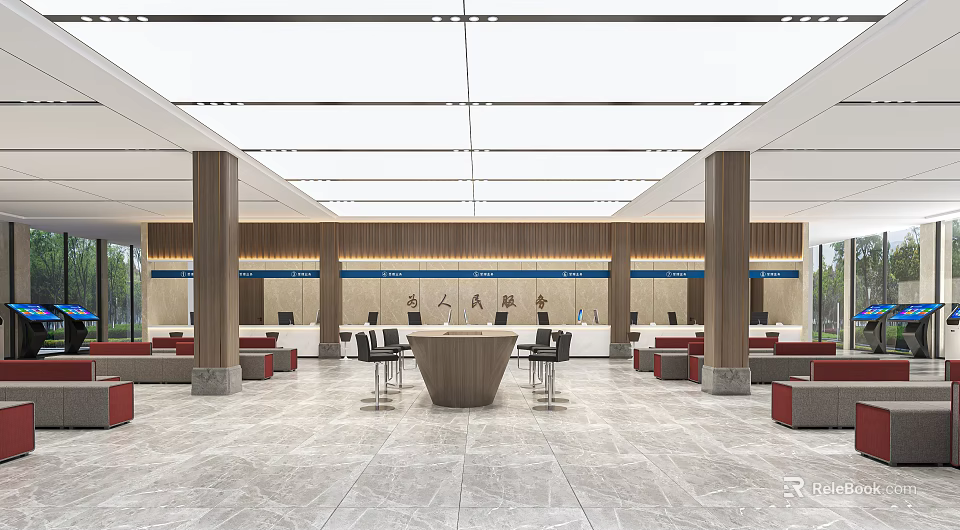 Modern Hotel Lobby Interior With Reception Desk Columns Seating Areas And Marble Flooring 3d model 