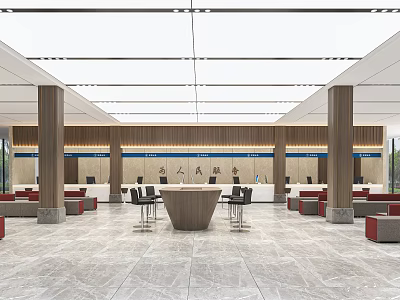 Modern Hotel Lobby Interior With Reception Desk Columns Seating Areas And Marble Flooring 3d model