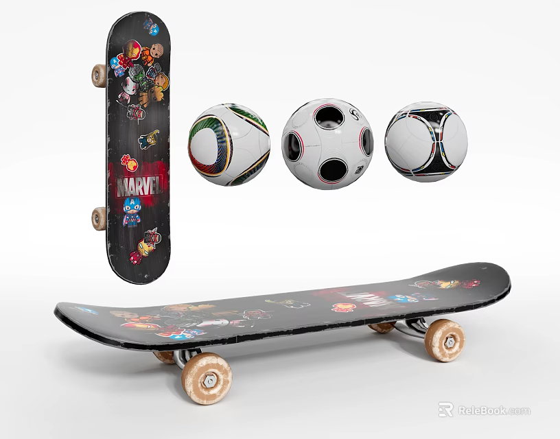 Sports Equipment Collection Featuring Marvel Themed Skateboard And Various Patterned Soccer Balls 3d model 