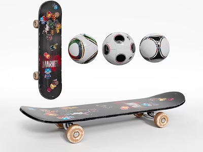 Sports Equipment Collection Featuring Marvel Themed Skateboard And Various Patterned Soccer Balls 3d model