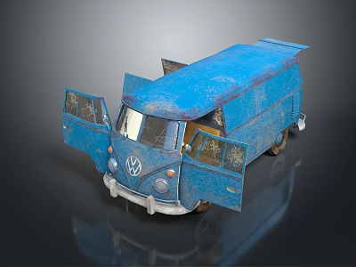 Vintage Blue Volkswagen Bus With Open Doors And Rusted Exterior Details 3d model