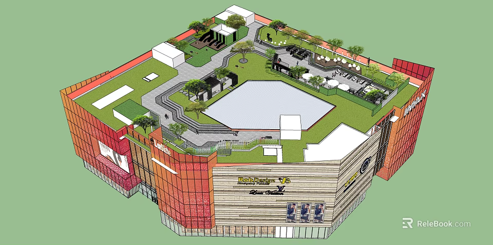 Rooftop Garden Design With Lawn Trees Seating Areas And Open Space 3d model