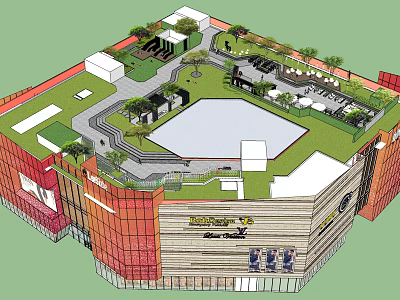 Rooftop Garden Design With Lawn Trees Seating Areas And Open Space 3d model