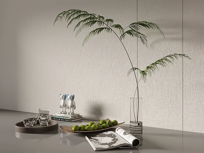 Minimalist Decorative Ornament Combination With Fern Plant Glass Vase Tray Green Fruits And Open Magazine 3d model