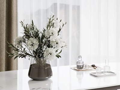 Dark Vase With White Flowers And Green Foliage On White Marble Tabletop Near Curtains 3d model