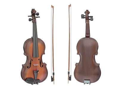 Acoustic Brown Wooden Violins With Two Bows And Classic Musical Design 3d model